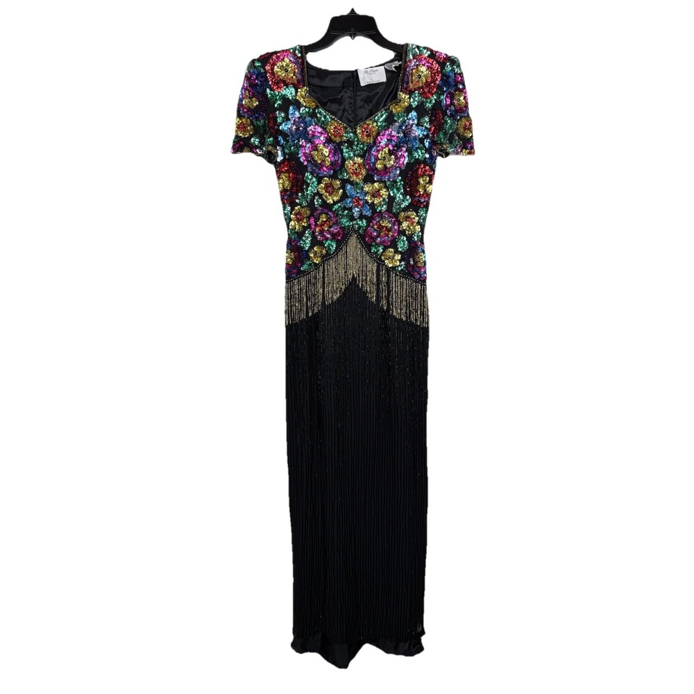 80s Vintage De Oscar Collection Sequin Beaded Floral Evening Gown Dress Size 8